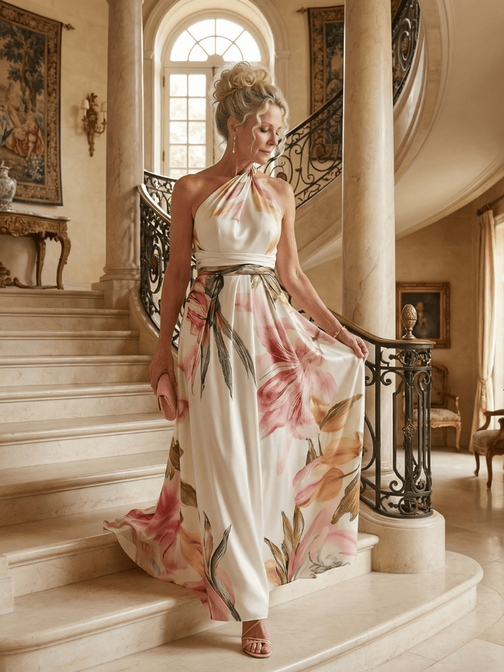 Light floral maxi dress by Emma & Rose Cape Town, featuring flowing fabric and a stylish, elegant design perfect for warm weather.