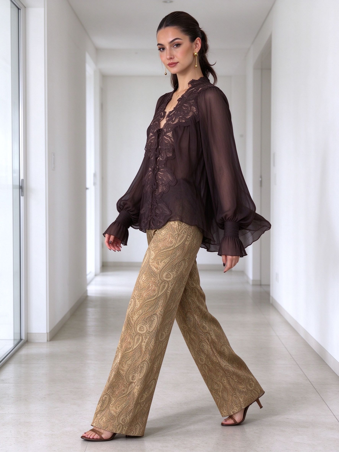 Bow Detail Lace Chiffon Blouse