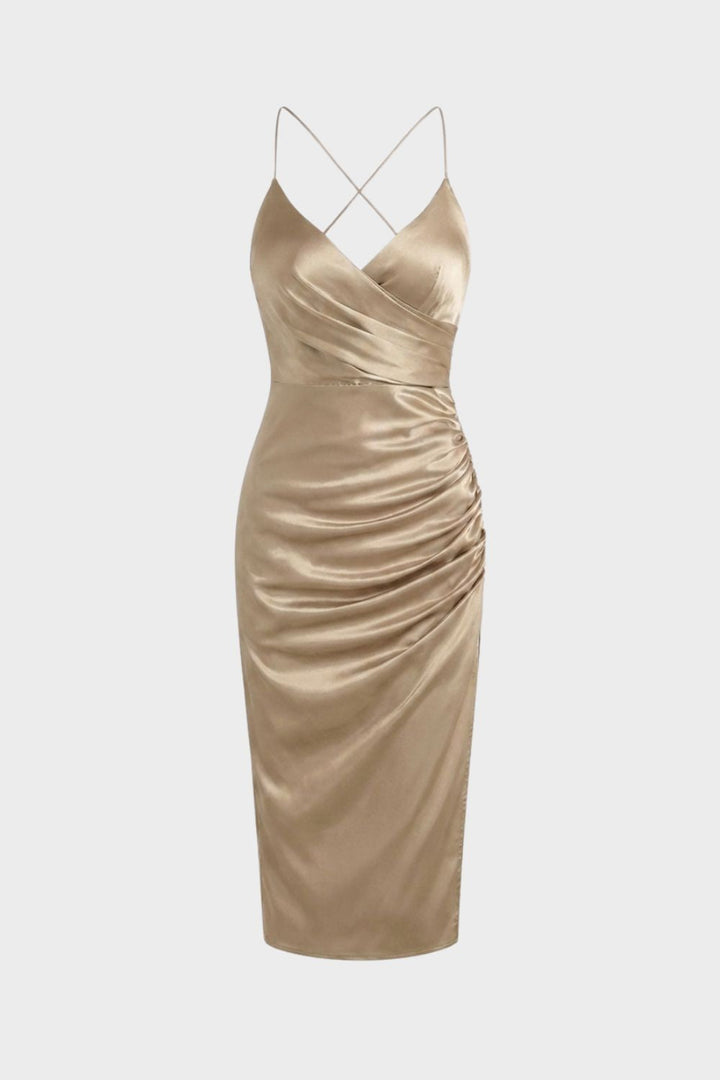 Women's Satin Maxi Dress with Wrap Look and Slit