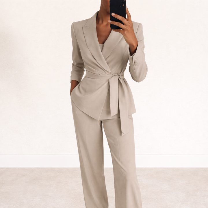 Women's Blazer Suit Set with Wide Leg Pants and Belt, view 2 - Elena Harper