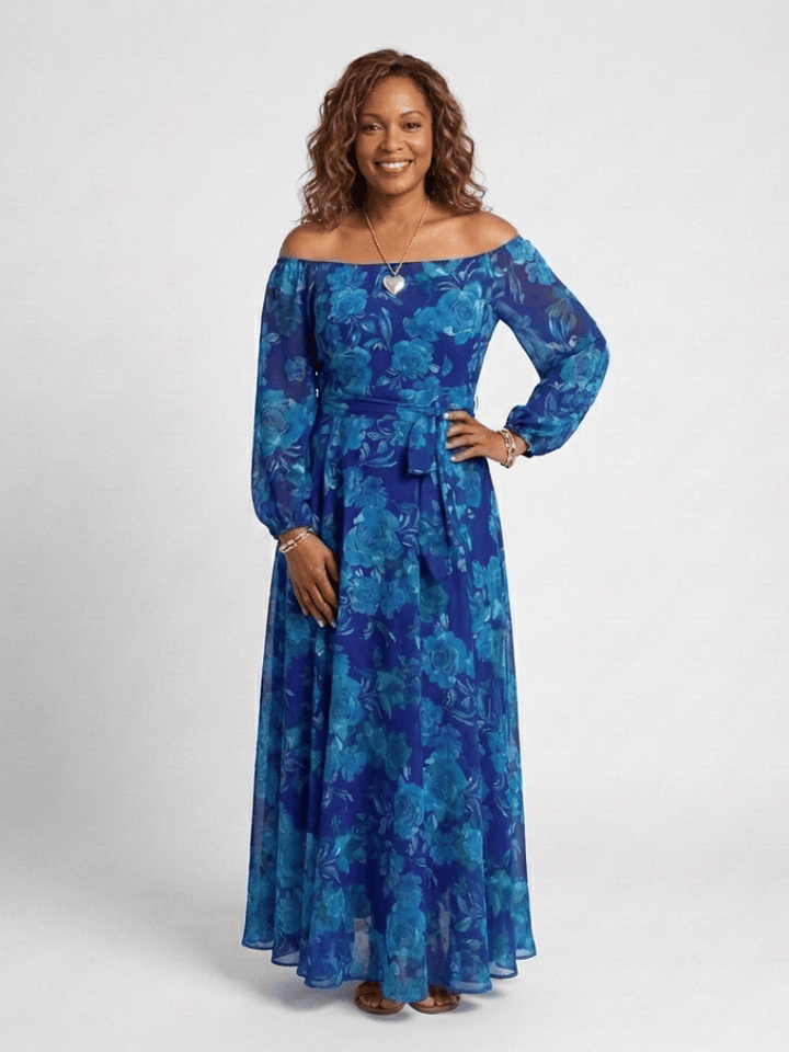 Aspen™ shoulder floral maxi dress by Emma & Rose Cape Town featuring a flowing design and vibrant floral print.