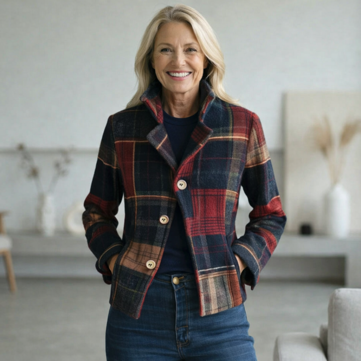Emma & Rose Cape Town Natalie plaid mid-season coat displayed on a hanger, featuring a stylish plaid pattern and tailored fit.