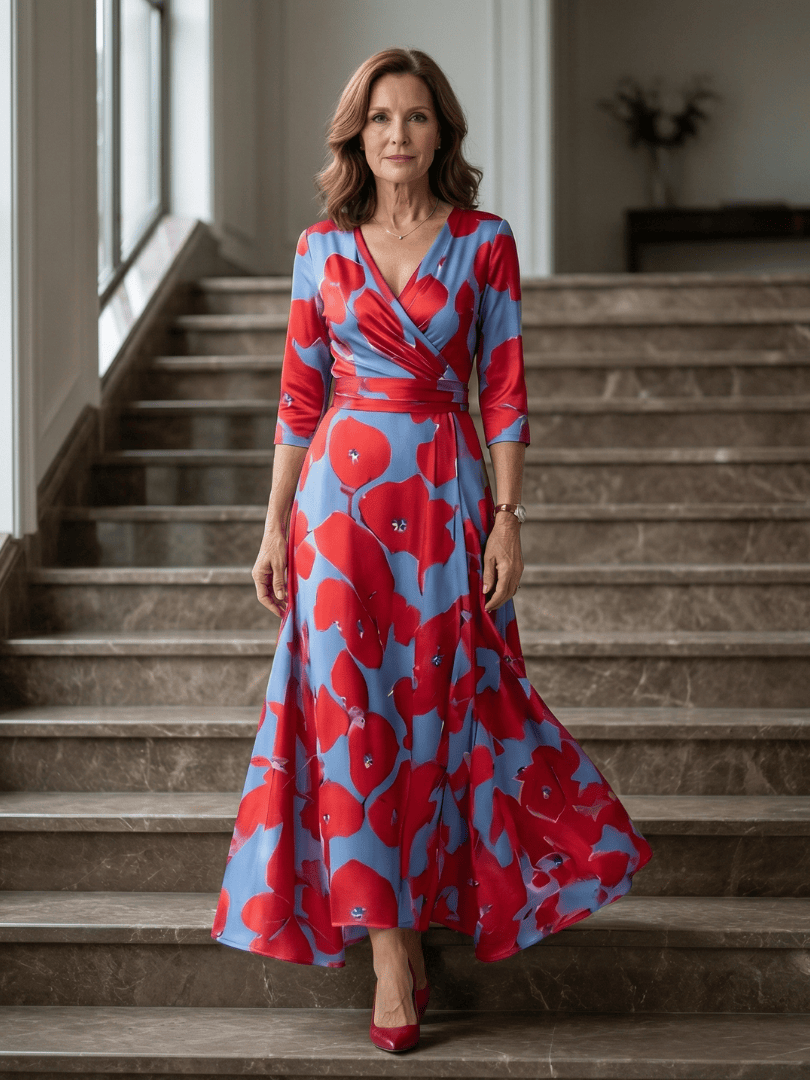 Celine™ wrap neck midi dress by Emma & Rose Cape Town, featuring a stylish design with a wrap neckline and midi length.