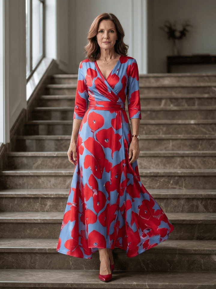 Celine™ wrap neck midi dress by Emma & Rose Cape Town, featuring a stylish design with a wrap neckline and midi length.