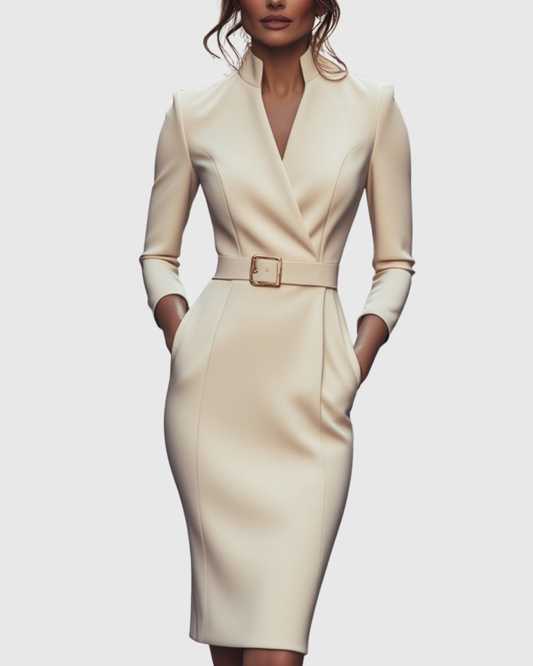 Women's Elegant Mock Wrap Midi Dress with Flattering Belt