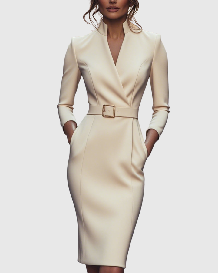 Women's Elegant Mock Wrap Midi Dress with Flattering Belt