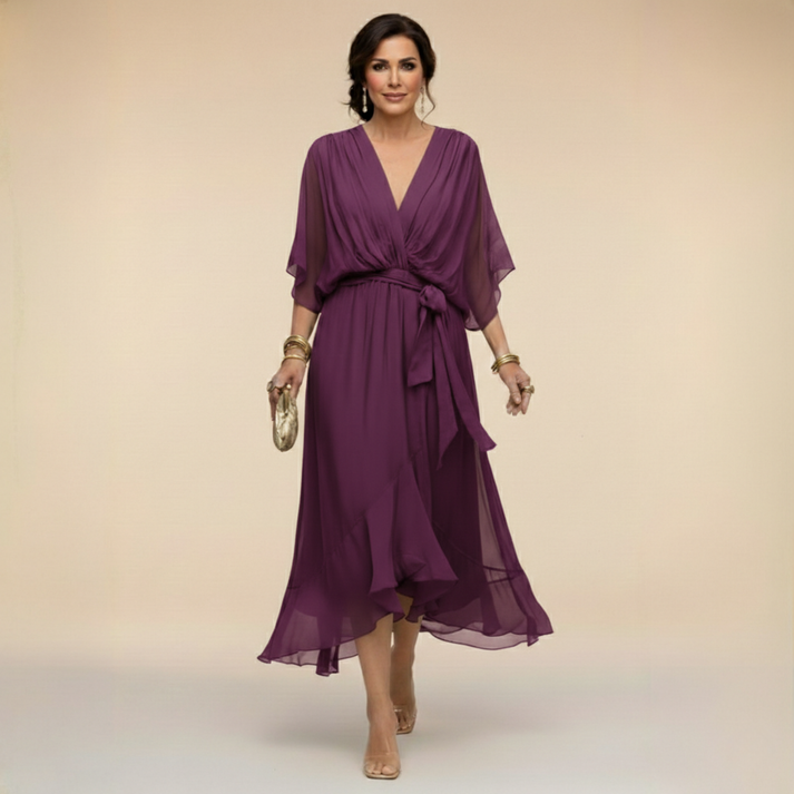 Harshani Ruffle Dress with V-Neck, view 8 - Elena Harper