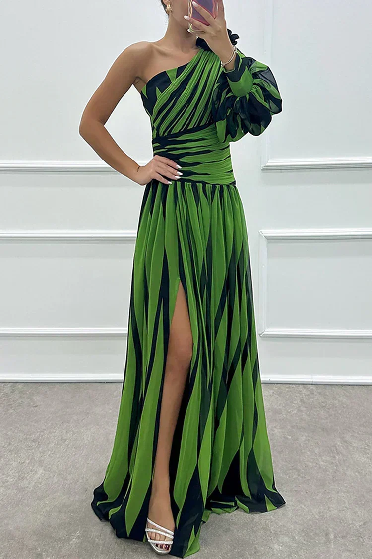 Women's Striped One-Shoulder Maxi Dress with Slit