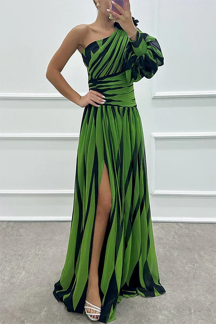 Women's Striped One-Shoulder Maxi Dress with Slit
