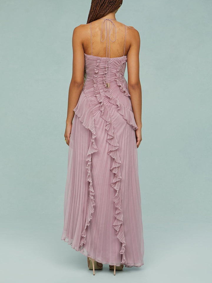 Elegant Asymmetrical Ruffled Long Pleated Dress for Women, view 6 - Elena Harper