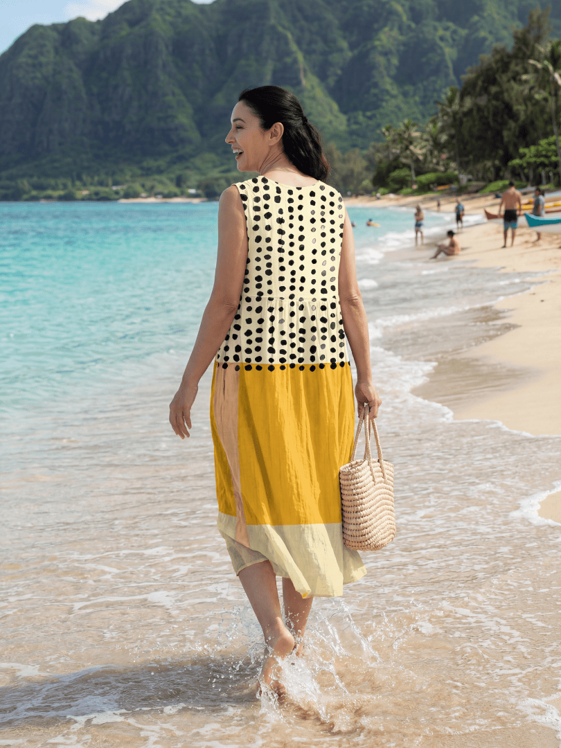 Emma & Rose Cape Town Hugo™ Garden Dot Midi Dress with floral pattern, sleeveless design, and flowy silhouette.