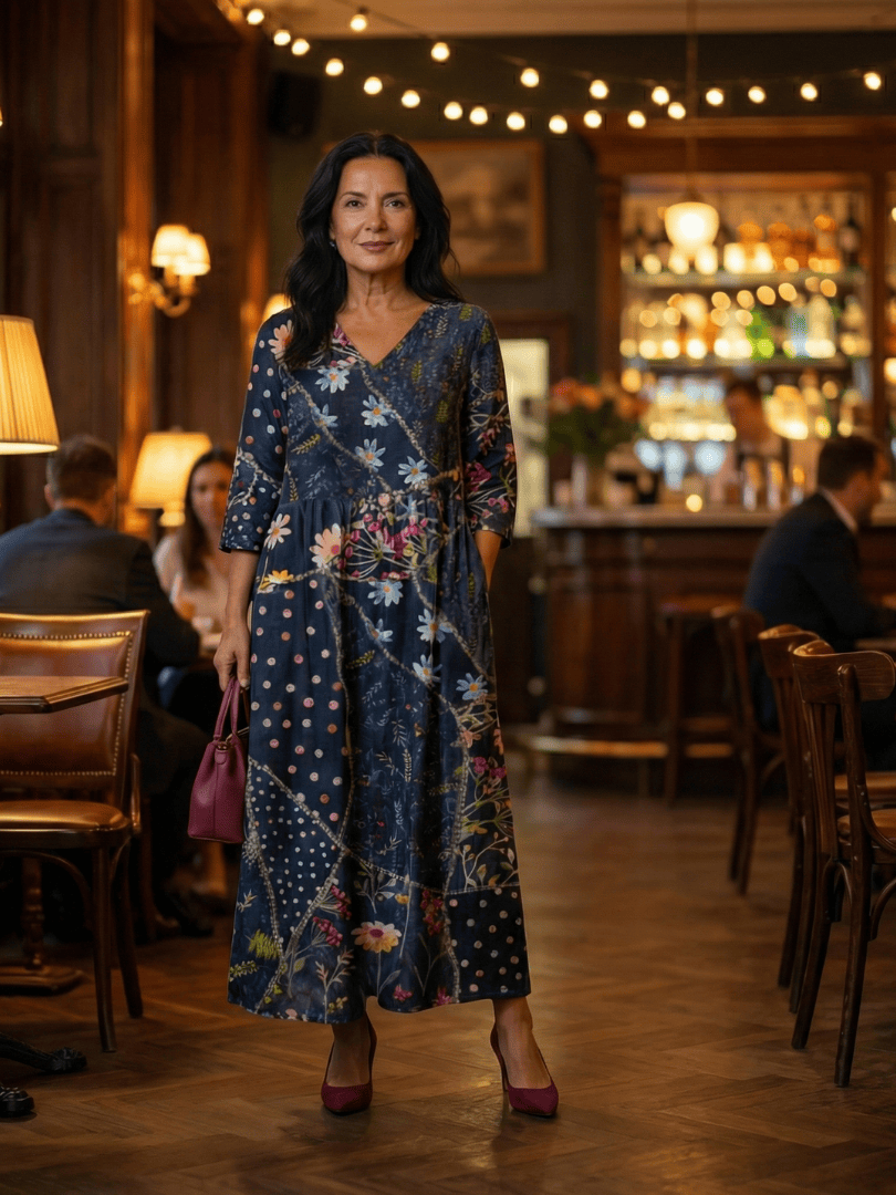 Emma & Rose Cape Town Zane™ Gather Floral Midi Dress with billowy sleeves and a fitted waist, featuring vibrant floral patterns.