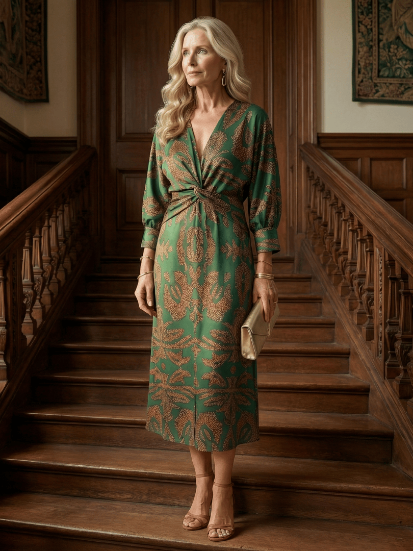 Emma & Rose Cape Town Lune™ Natural Wrap Midi Dress shown with flowing fabric and elegant design on a model.