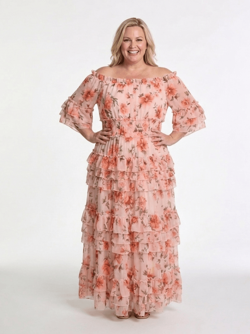 Rosalie™ ruffle tiered maxi dress by Emma & Rose Cape Town, featuring flowing fabric and layered ruffle details.