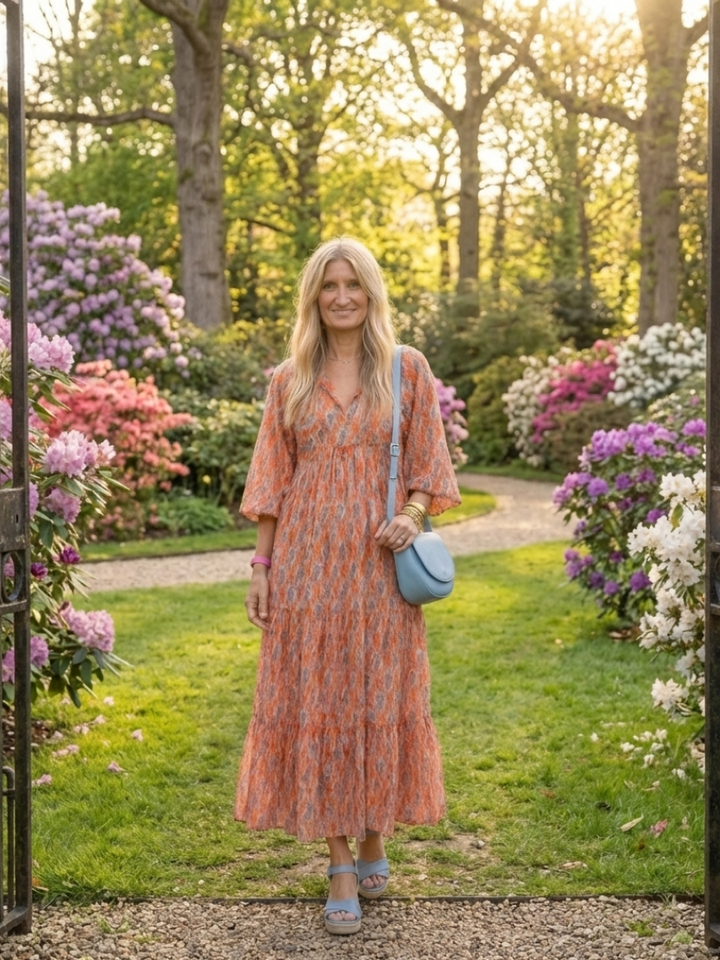 Amara Geometric Print V Neck Tiered Midi Dress - Elena Harper