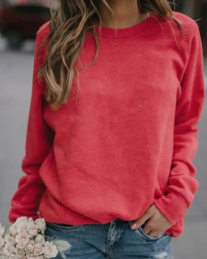 Red Round Neck Sweater Casual Long Sleeve Sweater - Elena Harper