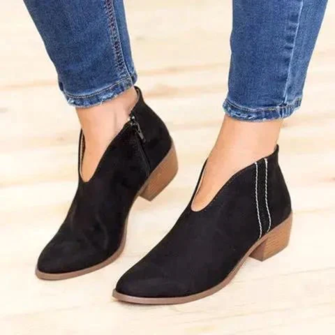 Women's Ankle Boots V Shape Low Heel with Zipper