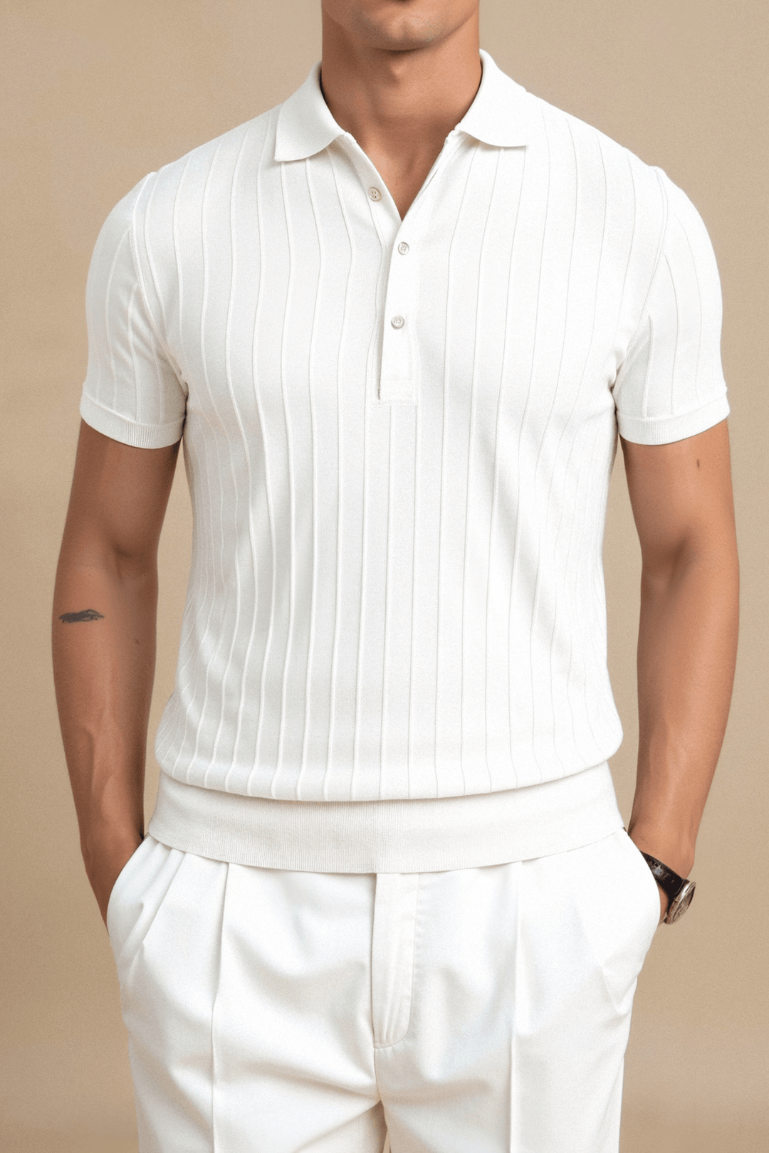 Emma & Rose Manhattan Vertical™ striped button-up polo in blue and white, with a classic collar and short sleeves.