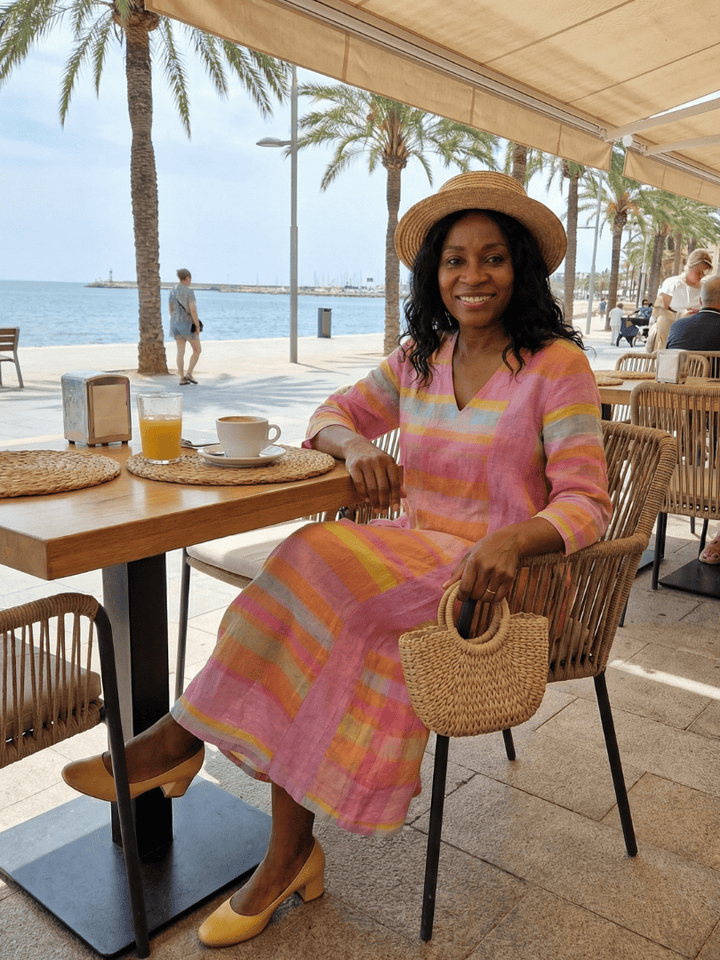 Tessa™ Drape Stripe Midi Dress by Emma & Rose Cape Town featuring flowing fabric and stylish drape design