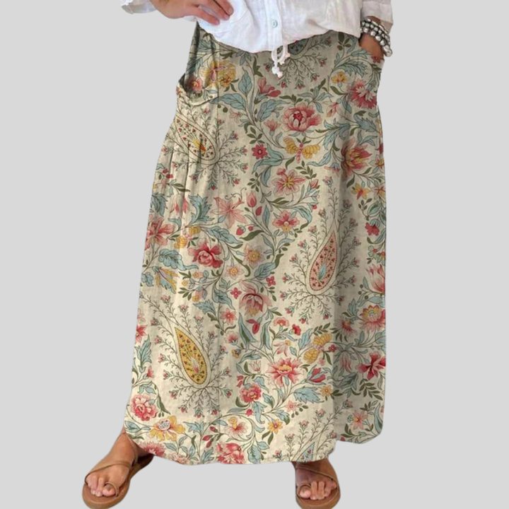 Ladies Vintage Floral Art Printed Linen Midi Skirt
