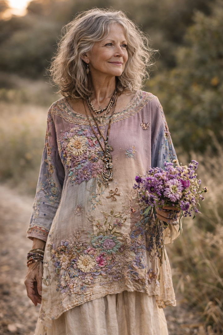 Women's Floral Patchwork Dress Loose Fit Artistic Style