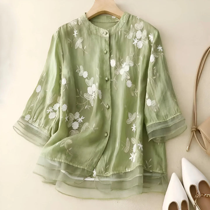 Carmelita Embroidered Sheer Blouse, view 9 - Elena Harper