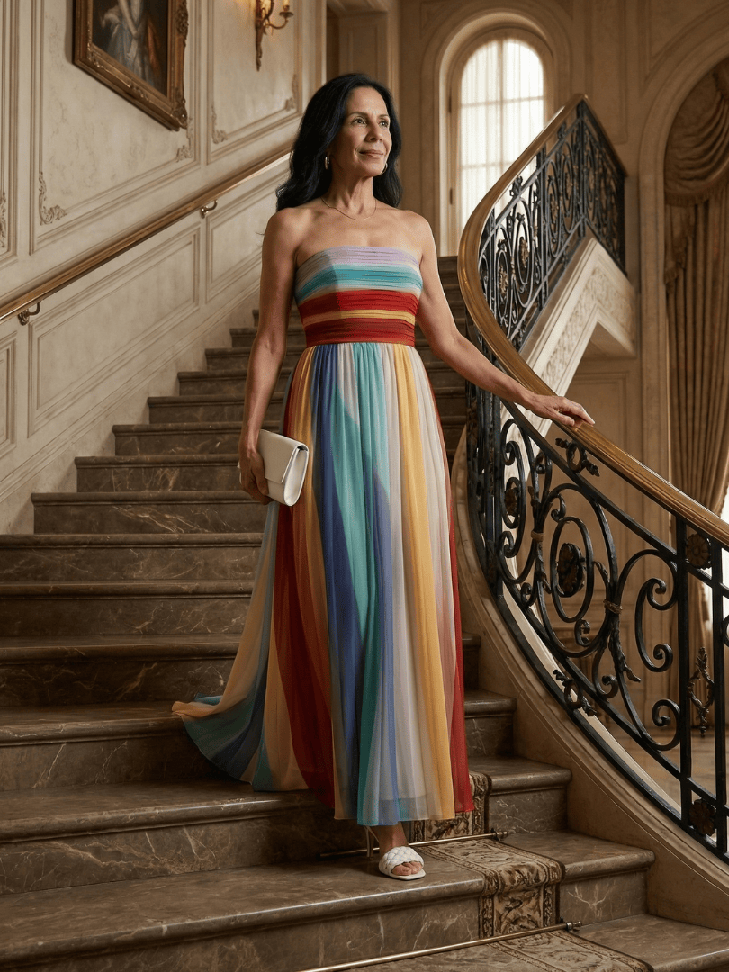 Serene™ Light Stripe Maxi Dress by Emma & Rose Cape Town featuring a flowing silhouette and soft pastel stripe pattern.