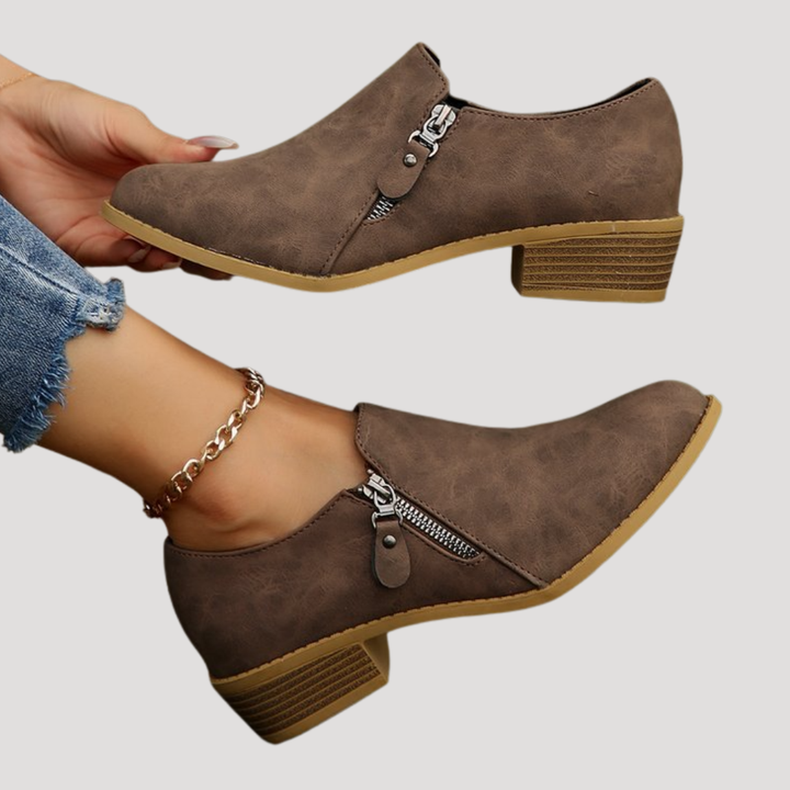 Women's Low Heel Ankle Boots with Zipper Details