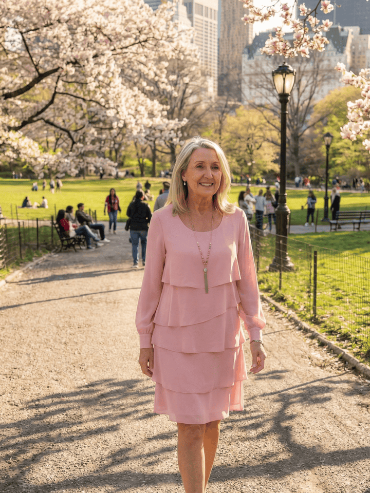 Kirax™ layered knee-length dress by Emma & Rose Cape Town, featuring a stylish design and flowing fabric.