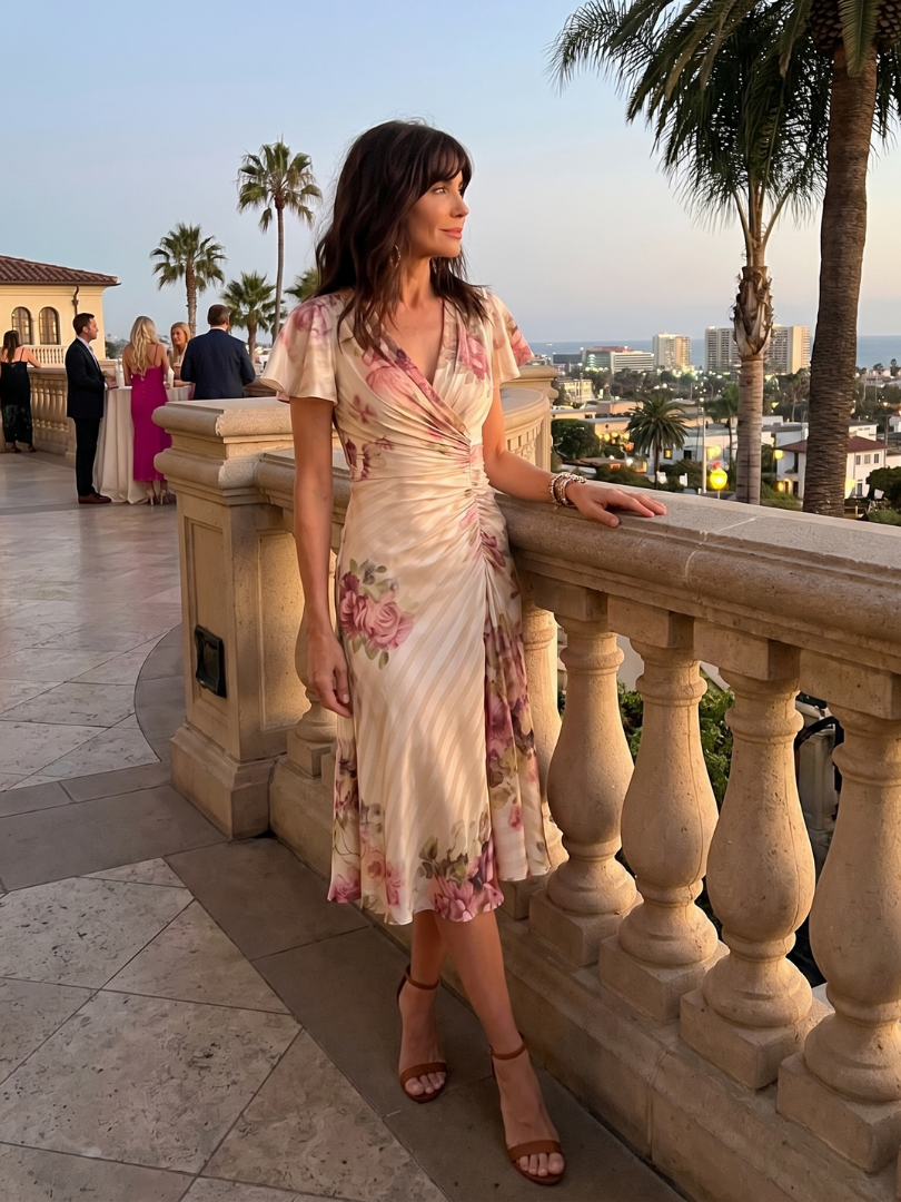 Women's Floral Wrap Ruched Midi Dress