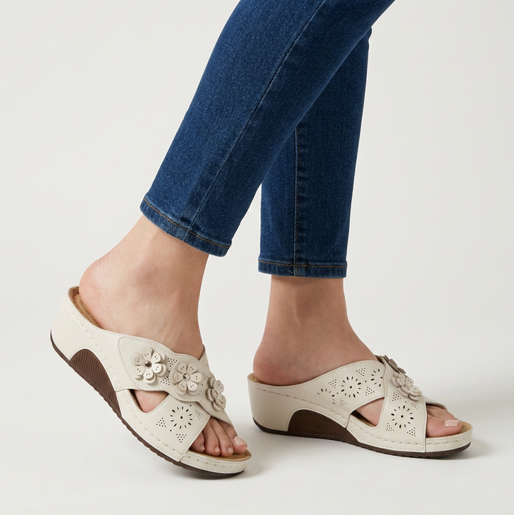 Amycca Comfortable Wedge Slippers with Floral Applications, view 5 - Elena Harper