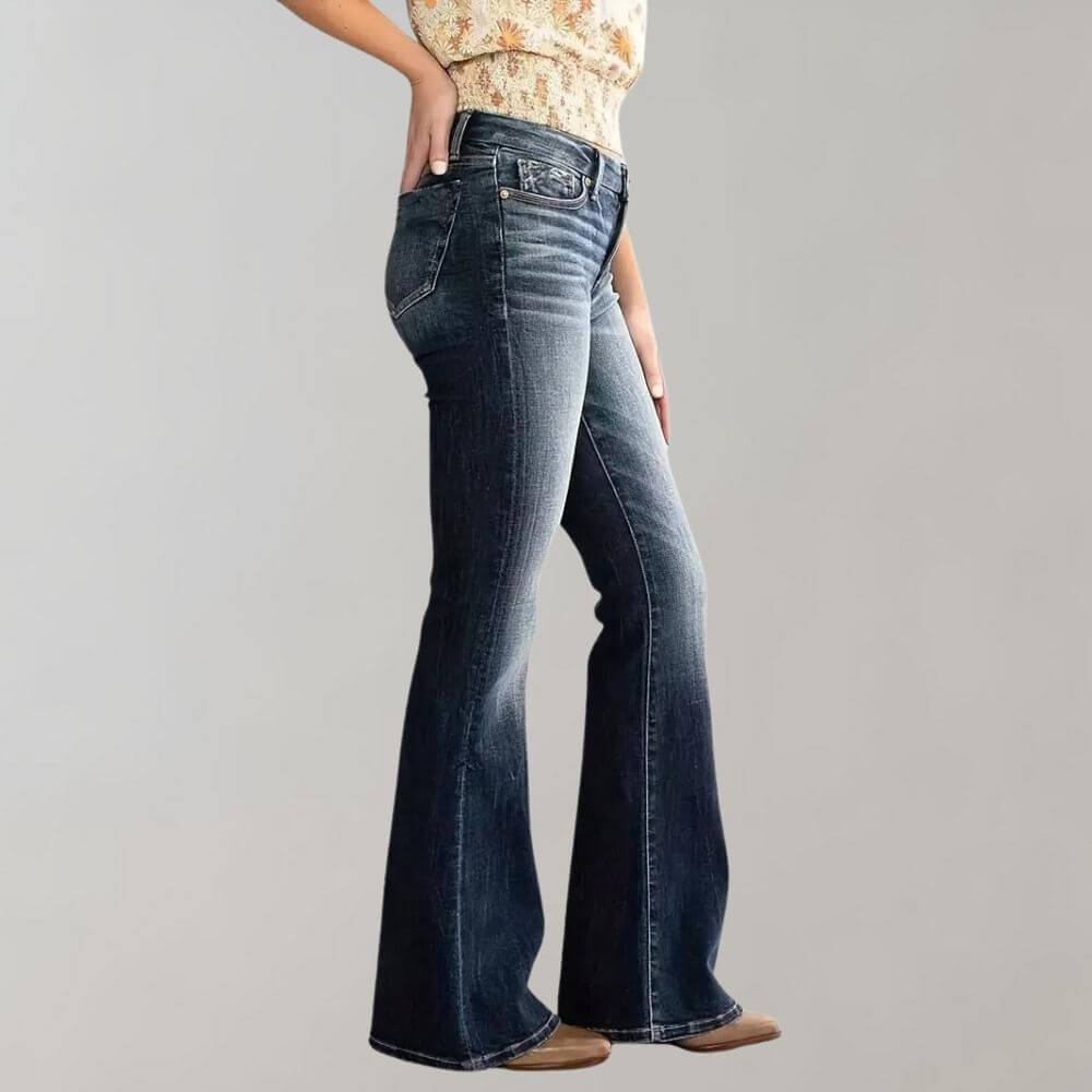 Women's Mid-Waist Slim Fit Stretch Flared Jeans, view 8 - Elena Harper
