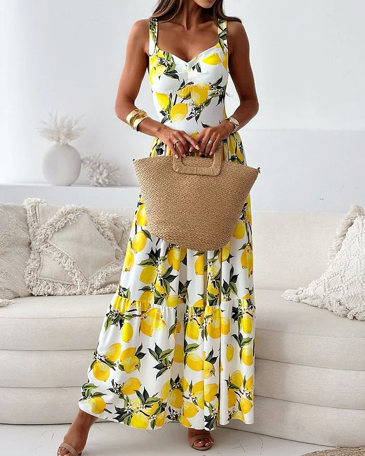 Flower Maxi Dress with Spaghetti Straps and Side Split for Women