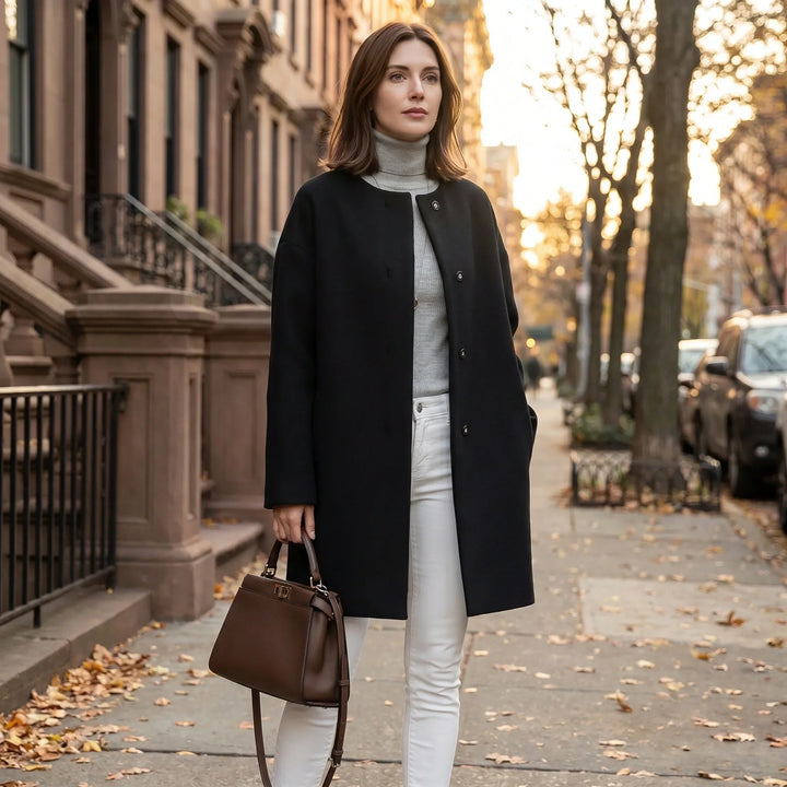 Women’s Winter Coat Collarless Midi Length with Buttons, view 6 - Elena Harper