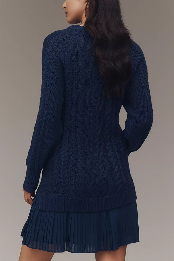 Delphine Knit Cable Textured Long Sleeve Pleated Chiffon Hem Sweater Mini Dress