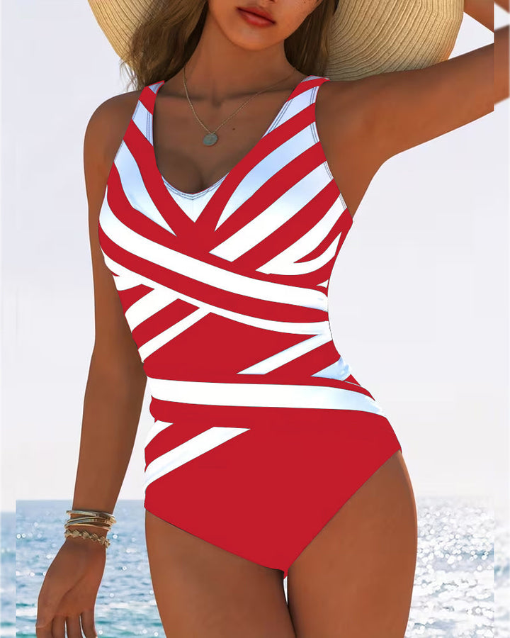 Striped swimsuit with V-neck and comfortable fit, view 6 - Elena Harper