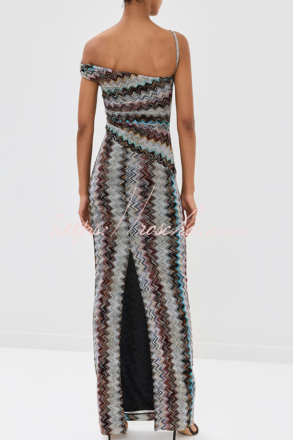 Cocktails and Vacation Knit Colorful Zigzag Pattern One Shoulder Slit Maxi Dress, view 5 - Elena Harper