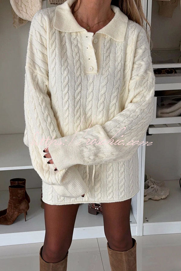 Tanya Cable Knit Button Lapel Loose Sweater and Elastic Waist Mini Skirt Set