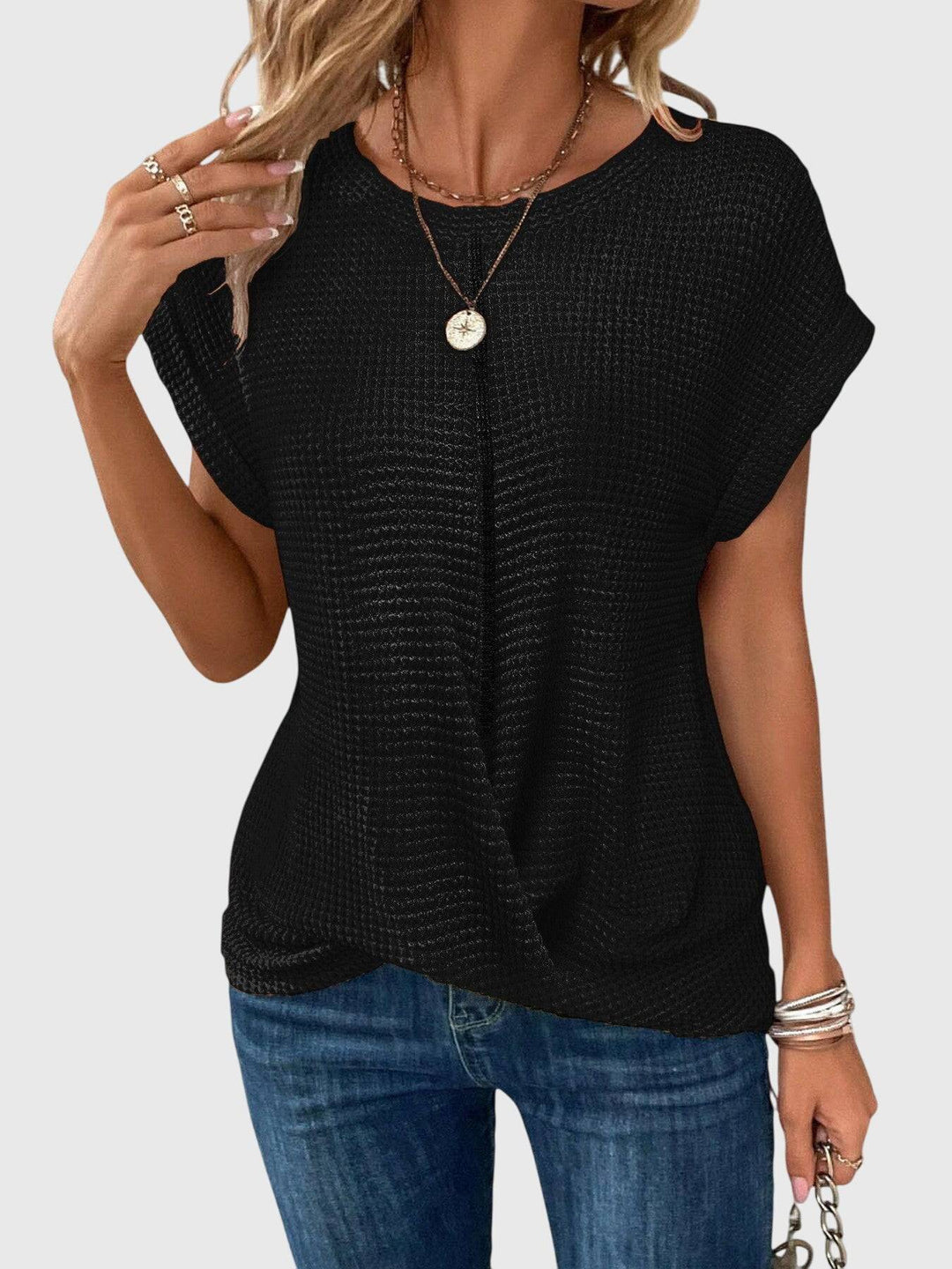 Emma & Rose Cape Town Isa™ elegant blouse with a crew neck, featuring lightweight fabric and classic style.