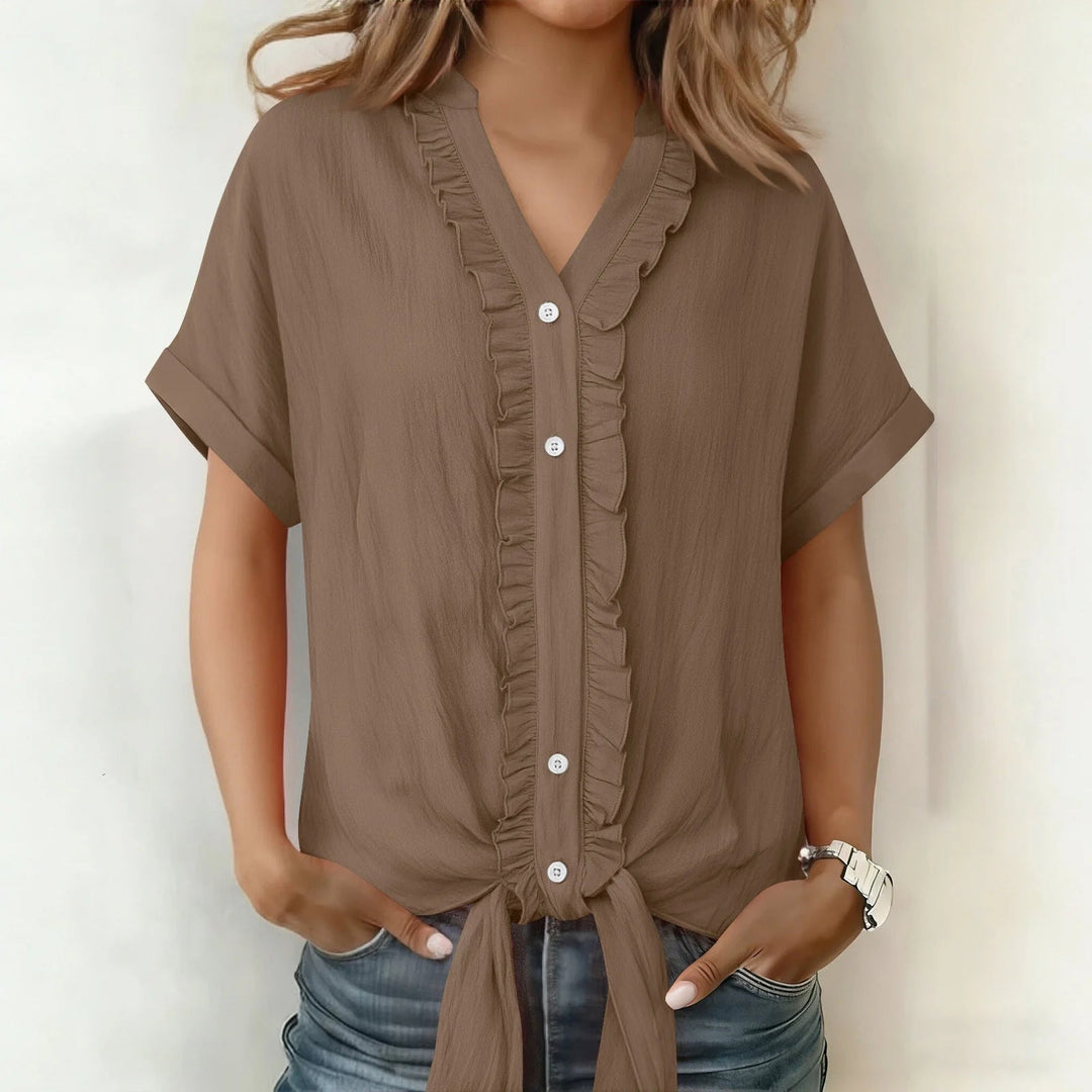 Women's Cotton Buttoned V-Neck Blouse Fluid Cut Summer