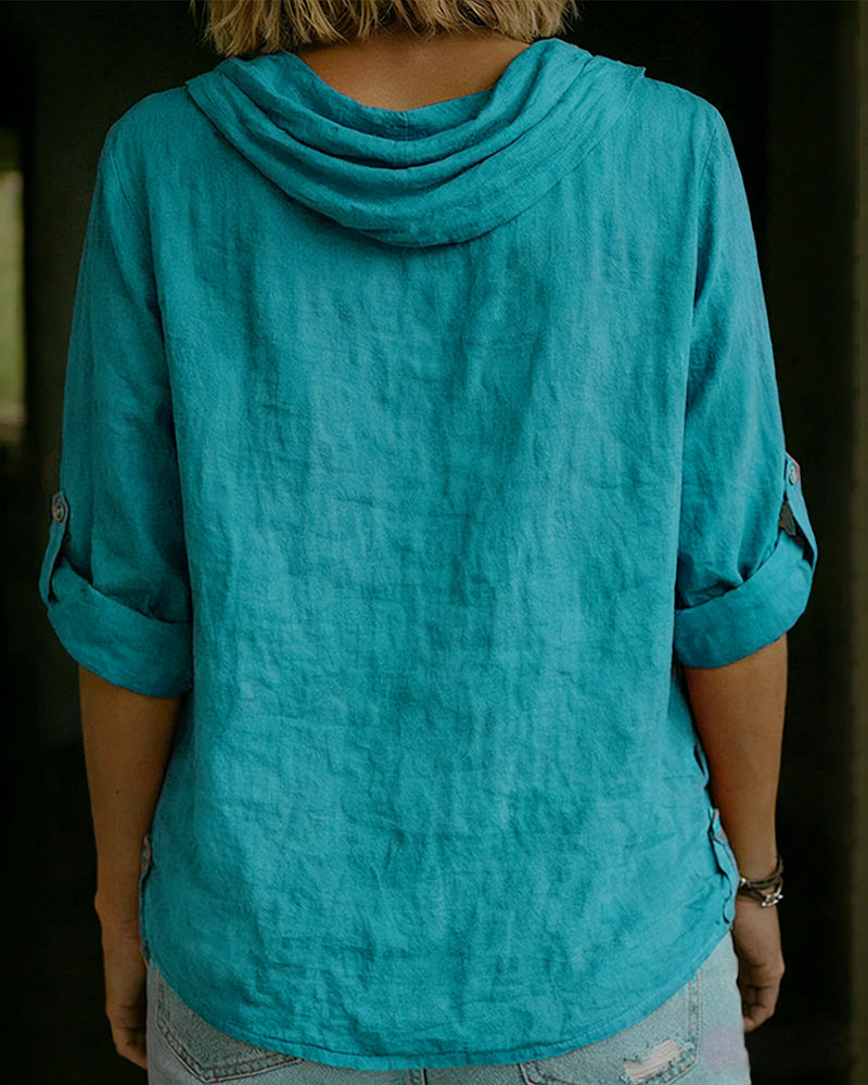 Women's Cotton Blouse with Folded Collar, Long Sleeves, Classic Fit