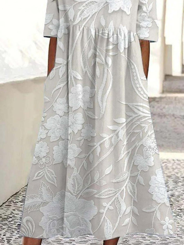 Dovie Timeless Long Floral Dress with 3/4 Sleeves - Elena Harper