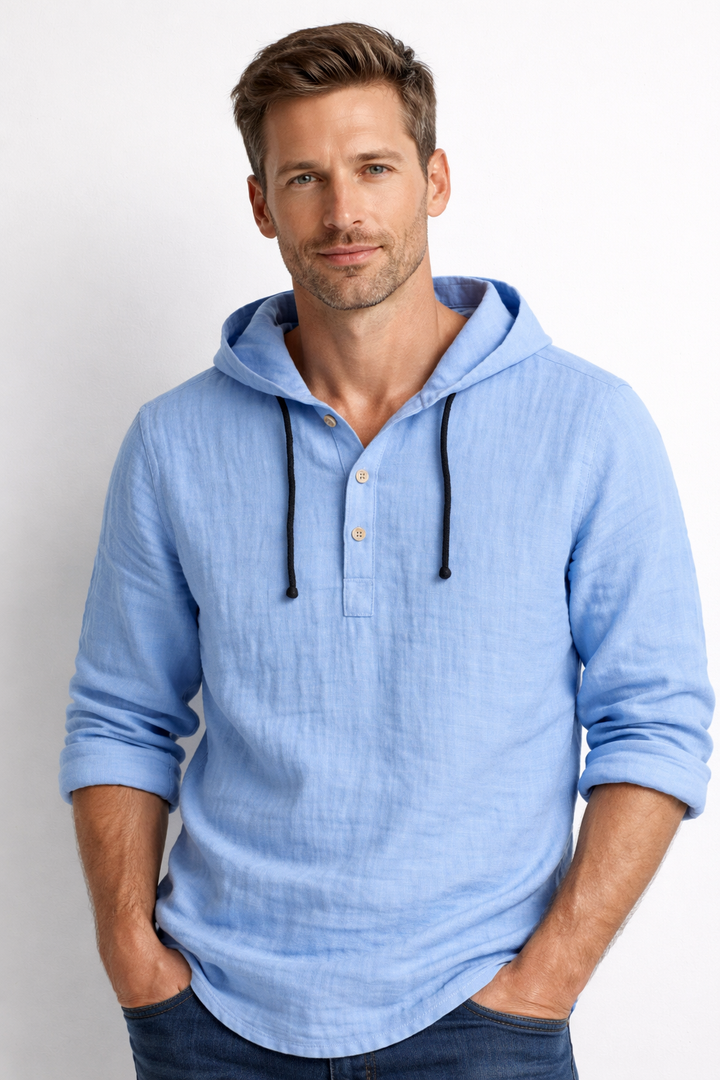 Men's Linen Shirt with Casual Fit and Adjustable Hood