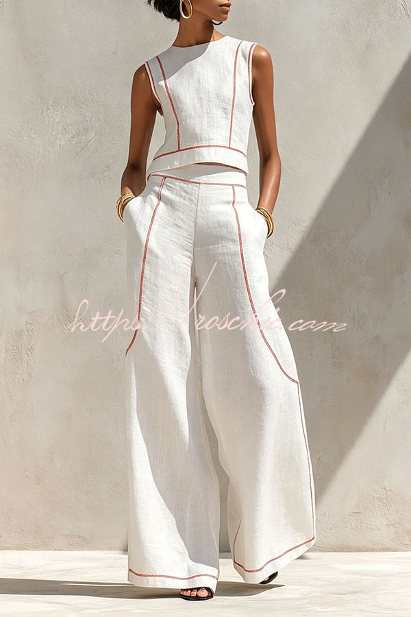Elysia Contrast-Stitch Linen Two-Piece Set