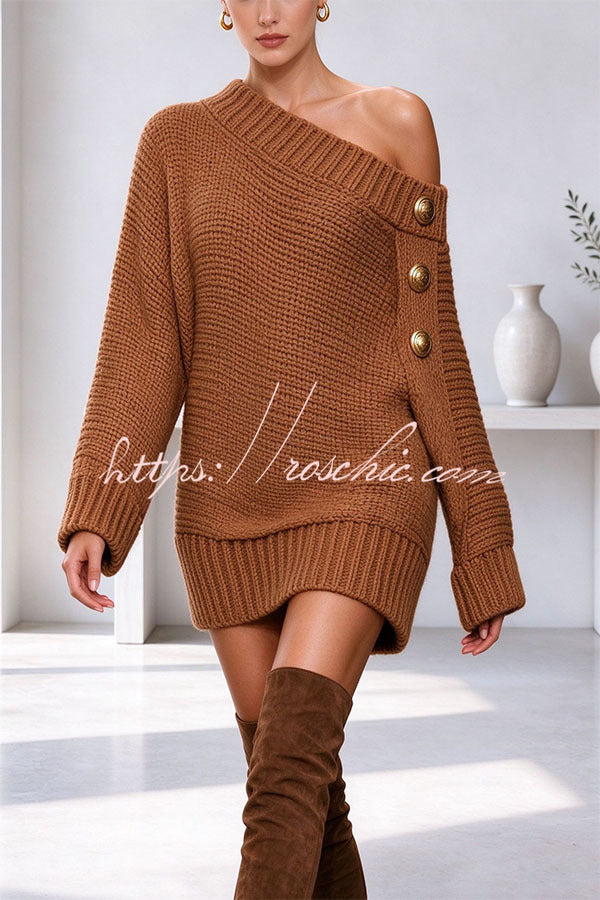 Ribbed Knit One Shoulder Button Detail Long Sleeve Relaxed Sweater Mini Dress
