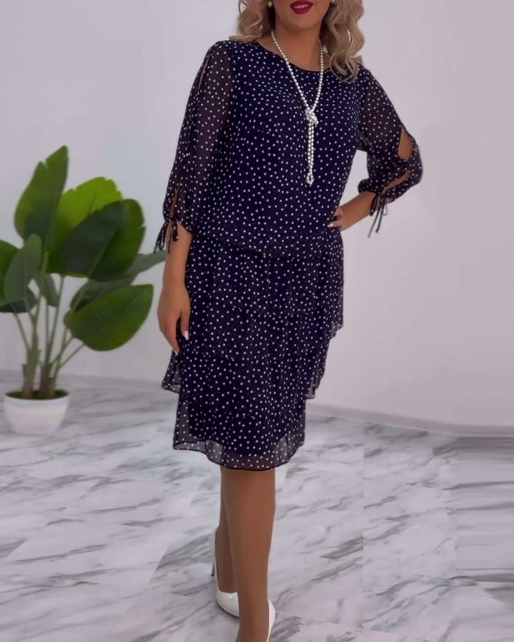Women's Polka Dot Dress with Elegant Split Sleeves, view 3 - Elena Harper