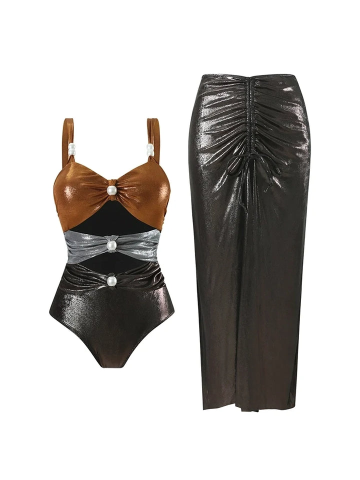 Pearl Cutout Swimsuit with Wrap Skirt Set