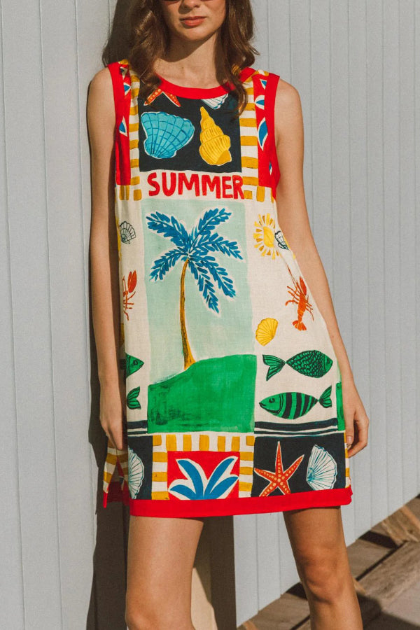 Summer-themed Printed Round Neck Sleeveless Pocket Loose Mini Dress