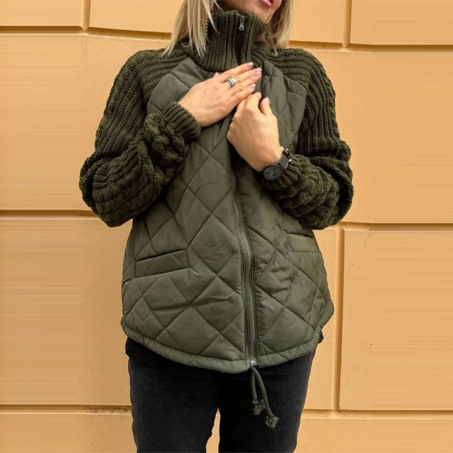 Women’s Padded Jacket with High Collar – Warm Zip-Up Knit Down Jacket