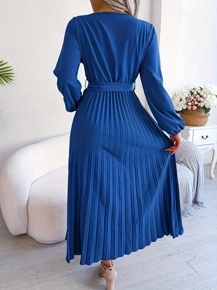 Women's Pleated Midi Wrap Dress – Long Sleeve V-Neck Elegant Style